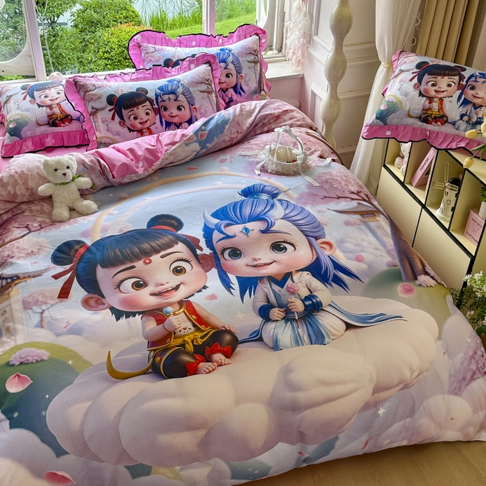 91家纺网 家纺一手货源 找家纺 馨语家居 2025新款A类全棉3D大版印花四件套 腾云哪吒