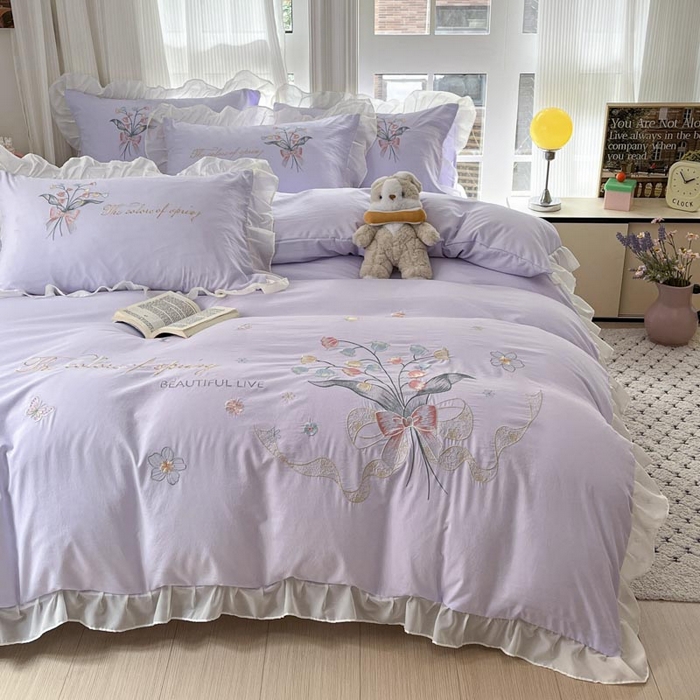 91家纺网 家纺一手货源 找家纺 ab家纺 2025新款水洗棉绣花四件套-铃兰语 铃兰语  香芋紫