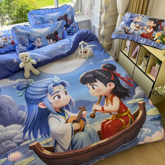 91家纺网 家纺一手货源 找家纺 馨语家居 2025新款A类全棉3D大版印花四件套 漂流哪吒