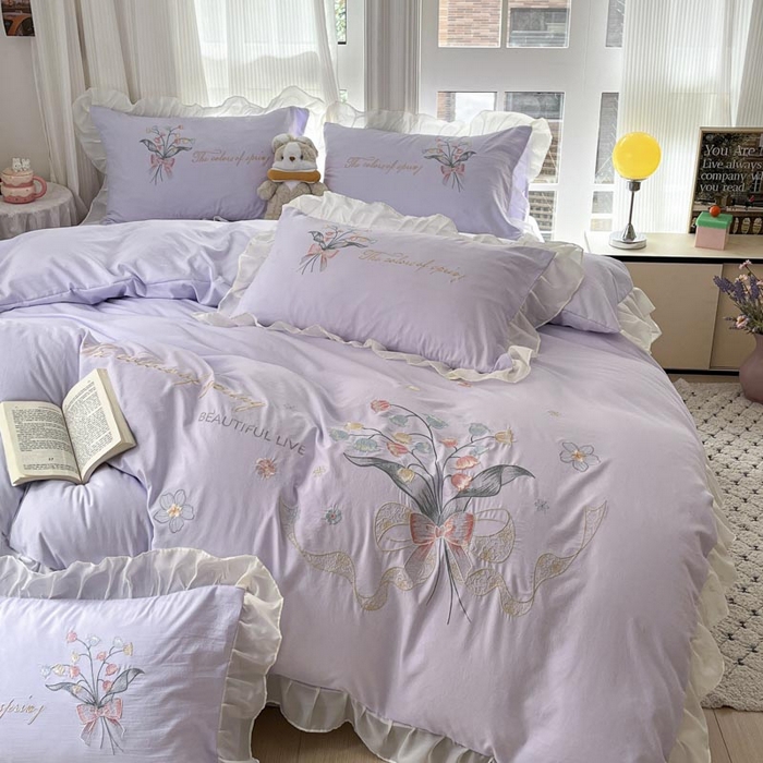 91家纺网 家纺一手货源 找家纺 ab家纺 2025新款水洗棉绣花四件套-铃兰语 铃兰语  香芋紫