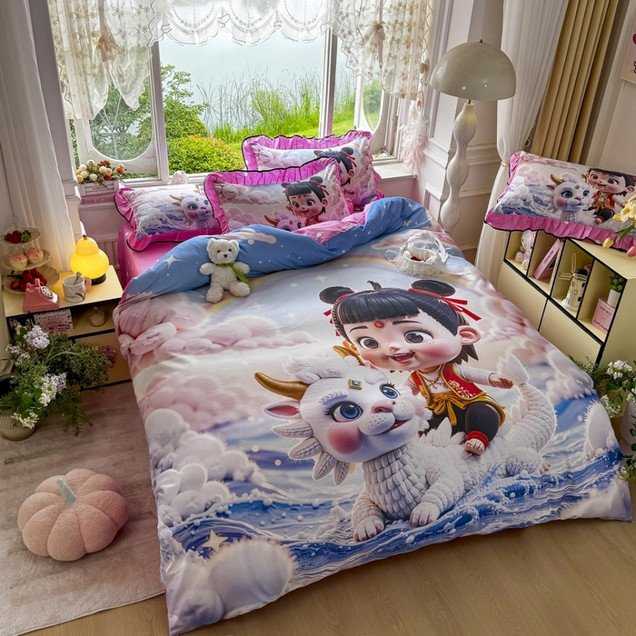 91家纺网 家纺一手货源 找家纺 馨语家居 2025新款A类全棉3D大版印花四件套 彩虹哪吒