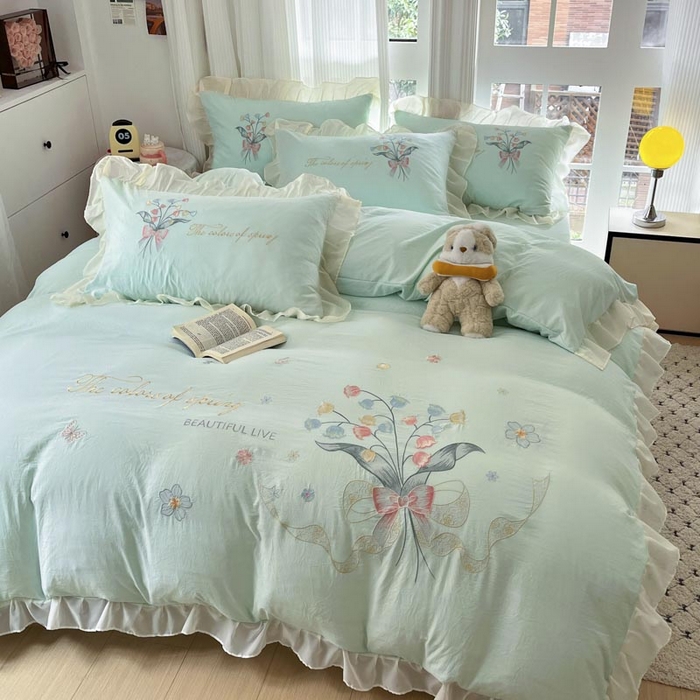 91家纺网 家纺一手货源 找家纺 ab家纺 2025新款水洗棉绣花四件套-铃兰语 铃兰语 水绿