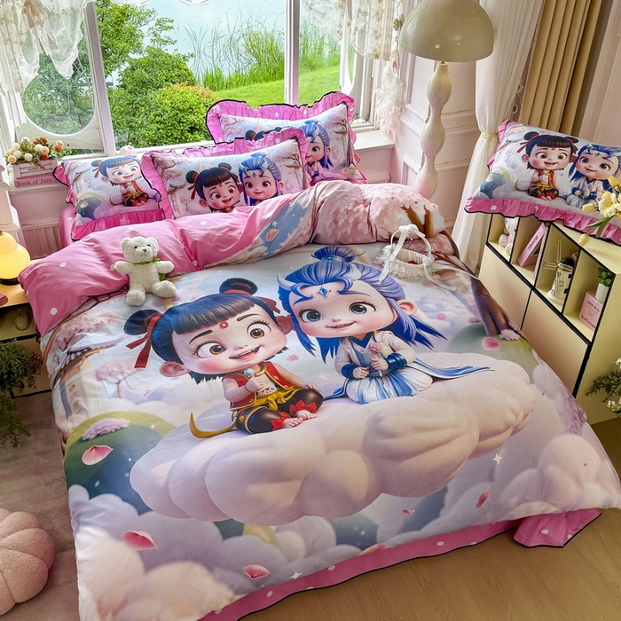 91家纺网 家纺一手货源 找家纺 馨语家居 2025新款A类全棉3D大版印花四件套 腾云哪吒