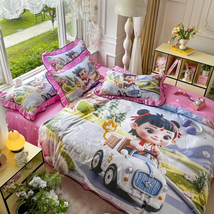 91家纺网 家纺一手货源 找家纺 馨语家居 2025新款A类全棉3D大版印花四件套 郊游哪吒