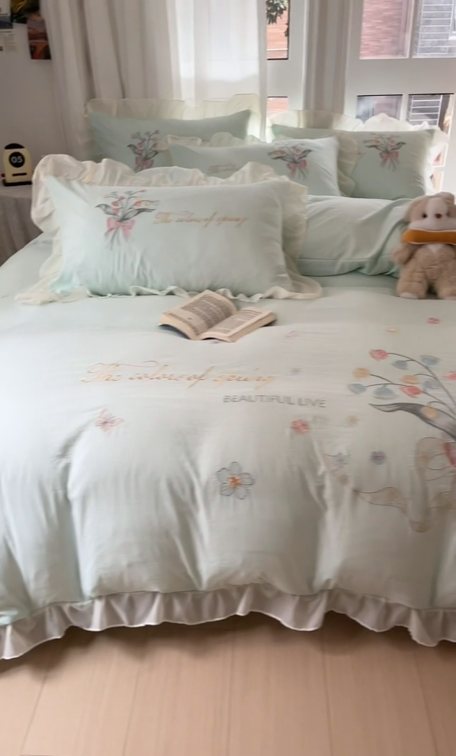 91家纺网 家纺一手货源 找家纺 ab家纺 2025新款水洗棉绣花四件套-铃兰语 铃兰语 水绿