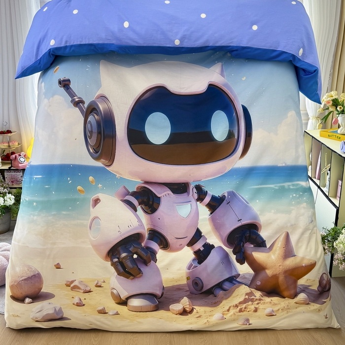 91家纺网 家纺一手货源 找家纺 馨语家居 2025新款A类全棉3D大版印花四件套 海洋机器人