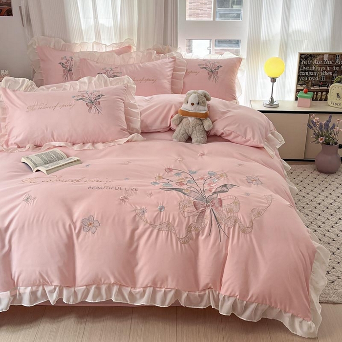 91家纺网 家纺一手货源 找家纺 ab家纺 2025新款水洗棉绣花四件套-铃兰语 铃兰语 微微粉