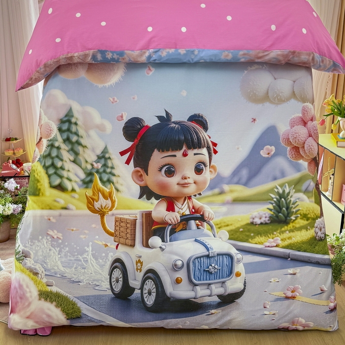 91家纺网 家纺一手货源 找家纺 馨语家居 2025新款A类全棉3D大版印花四件套 郊游哪吒