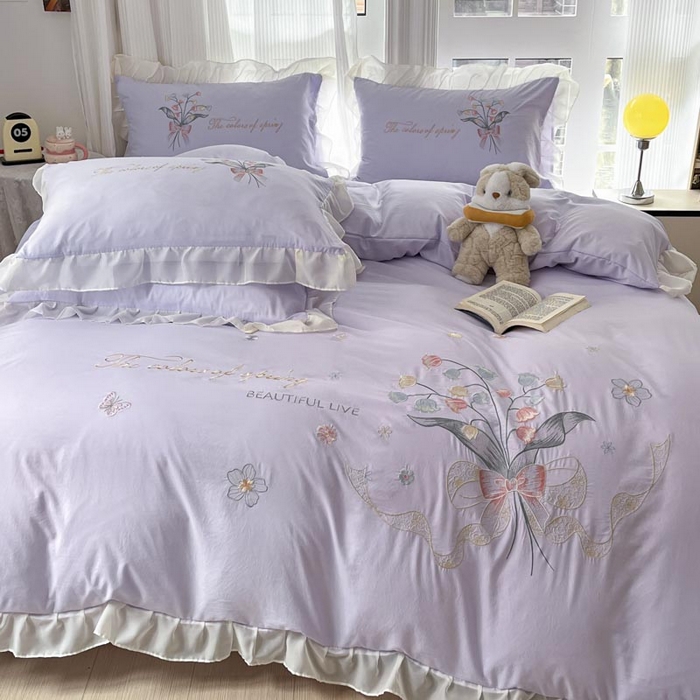 91家纺网 家纺一手货源 找家纺 ab家纺 2025新款水洗棉绣花四件套-铃兰语 铃兰语  香芋紫