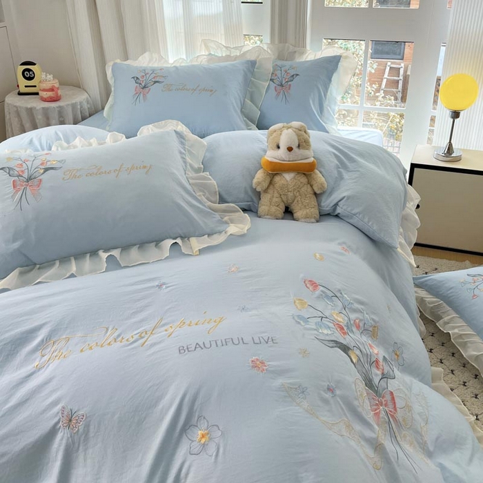 91家纺网 家纺一手货源 找家纺 ab家纺 2025新款水洗棉绣花四件套-铃兰语 铃兰语  天空蓝