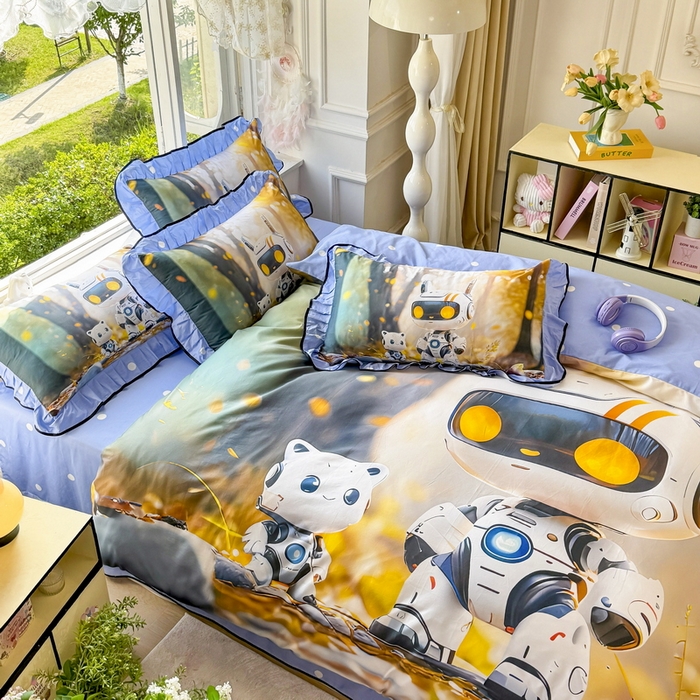 91家纺网 家纺一手货源 找家纺 馨语家居 2025新款A类全棉3D大版印花四件套 未来萌宠