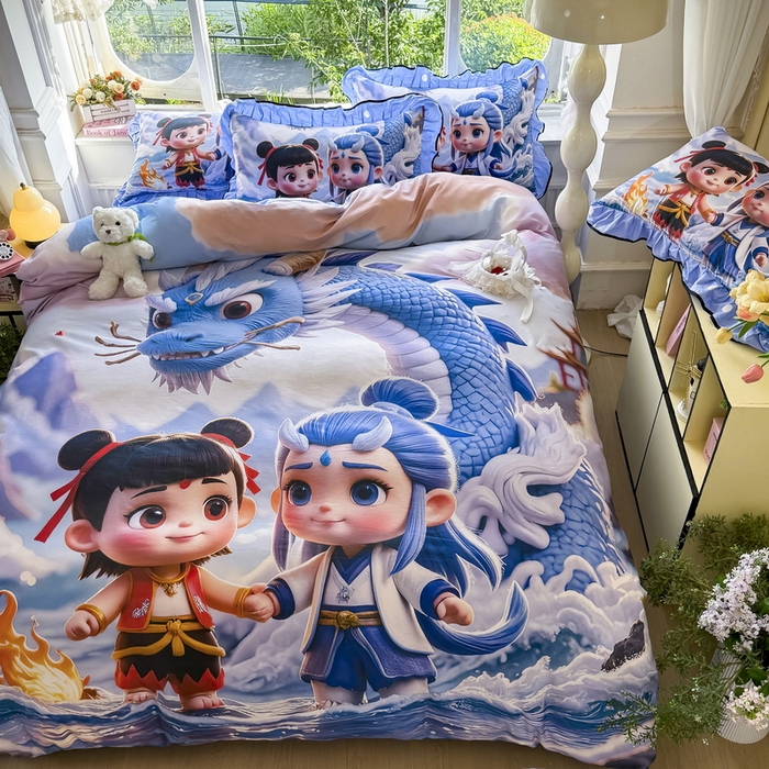 91家纺网 家纺一手货源 找家纺 馨语家居 2025新款A类全棉3D大版印花四件套 神龙哪吒