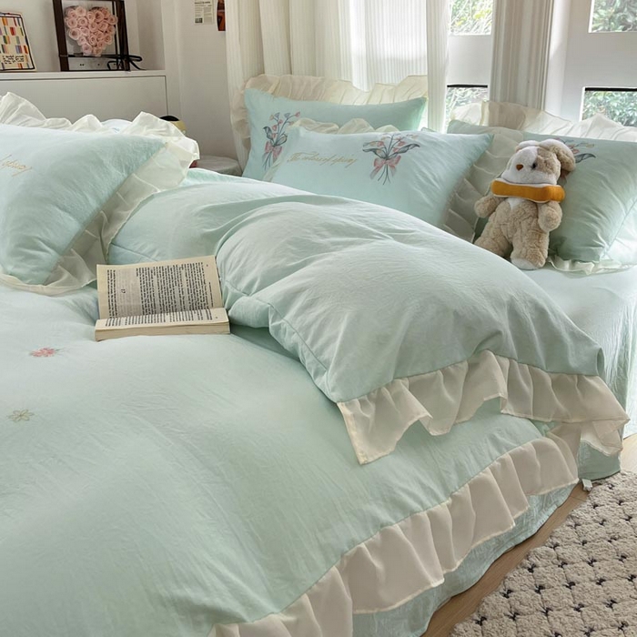 91家纺网 家纺一手货源 找家纺 ab家纺 2025新款水洗棉绣花四件套-铃兰语 铃兰语 水绿