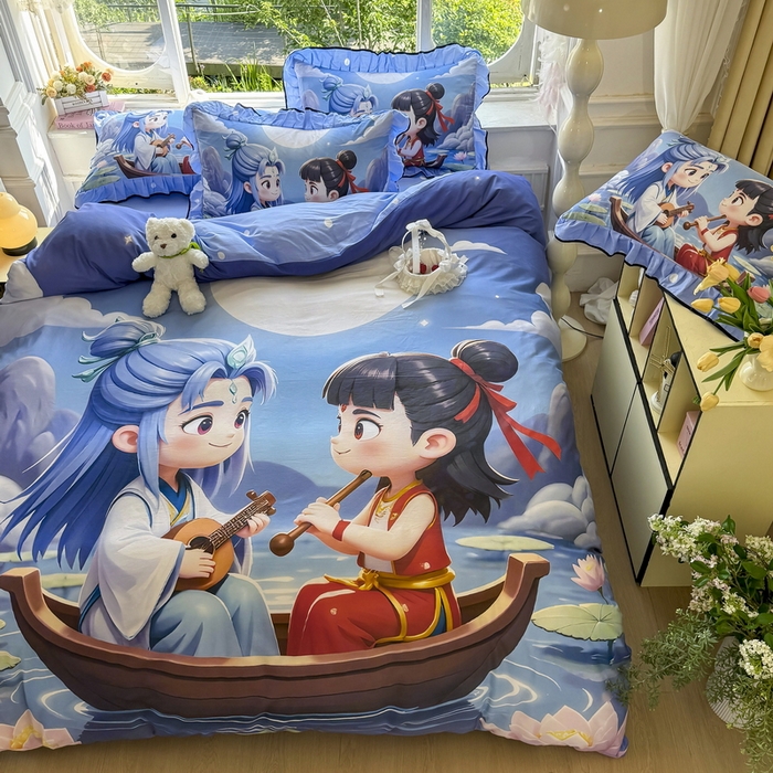 91家纺网 家纺一手货源 找家纺 馨语家居 2025新款A类全棉3D大版印花四件套 漂流哪吒