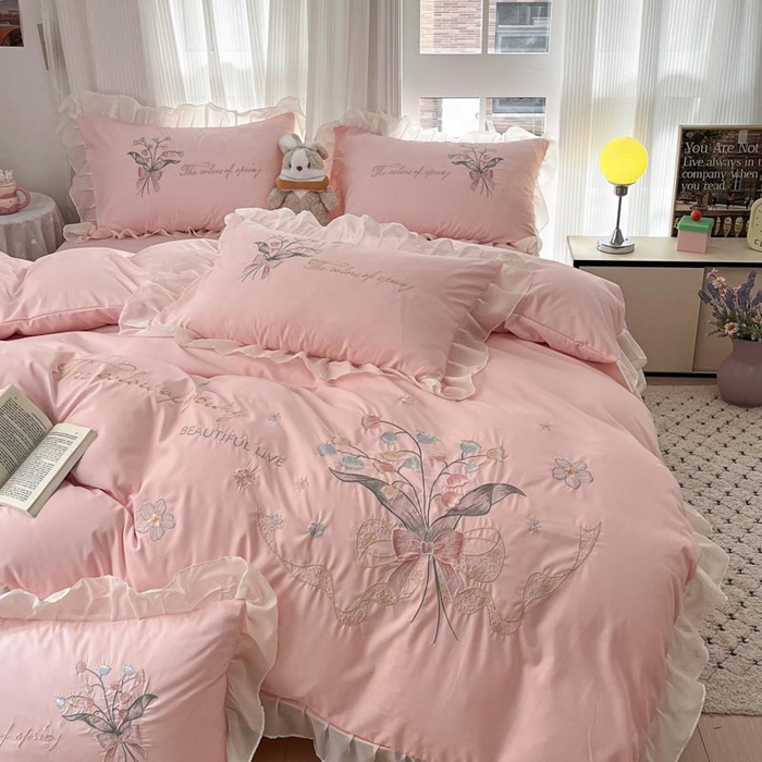 91家纺网 家纺一手货源 找家纺 ab家纺 2025新款水洗棉绣花四件套-铃兰语 铃兰语 微微粉