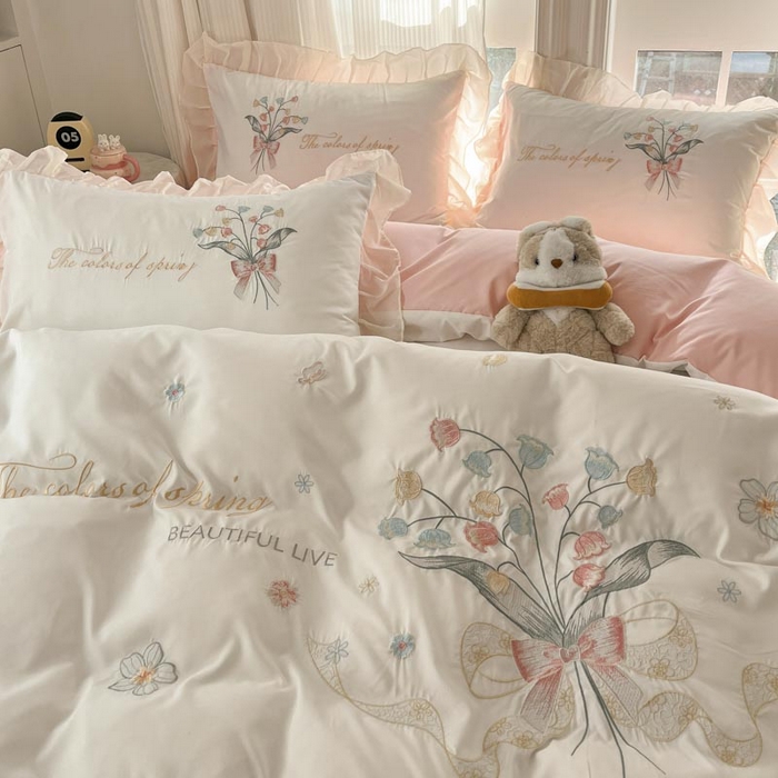 91家纺网 家纺一手货源 找家纺 ab家纺 2025新款水洗棉绣花四件套-铃兰语 铃兰语  白粉