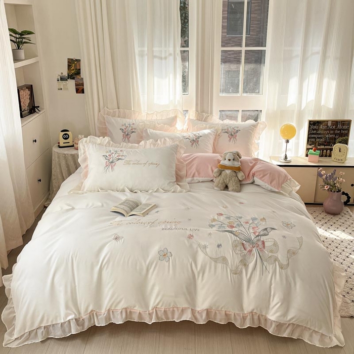 91家纺网 家纺一手货源 找家纺 （总）ab家纺 2025新款水洗棉绣花四件套-铃兰语