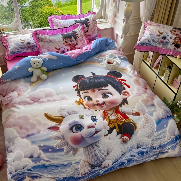 91家纺网 家纺一手货源 找家纺 馨语家居 2025新款A类全棉3D大版印花四件套 彩虹哪吒