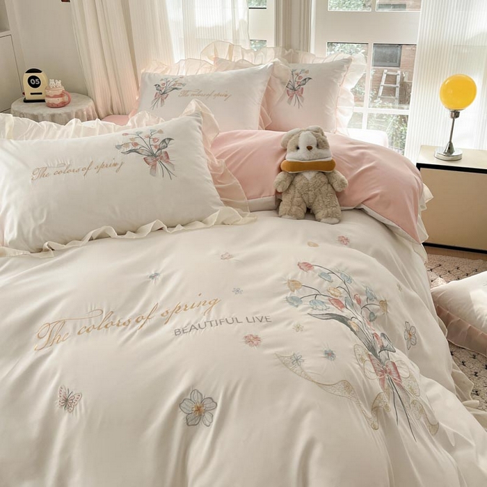 91家纺网 家纺一手货源 找家纺 （总）ab家纺 2025新款水洗棉绣花四件套-铃兰语