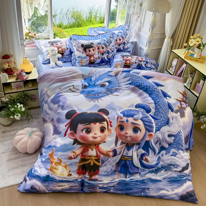 91家纺网 家纺一手货源 找家纺 馨语家居 2025新款A类全棉3D大版印花四件套 神龙哪吒
