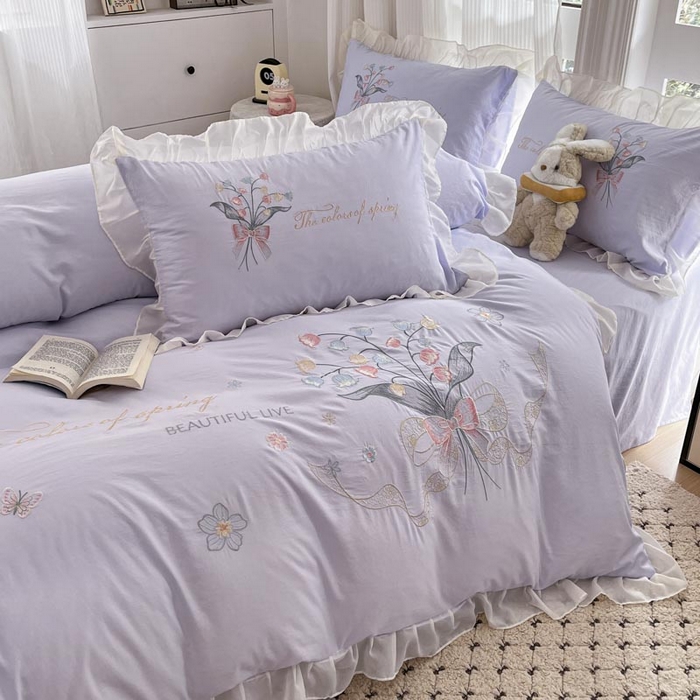91家纺网 家纺一手货源 找家纺 ab家纺 2025新款水洗棉绣花四件套-铃兰语 铃兰语  香芋紫