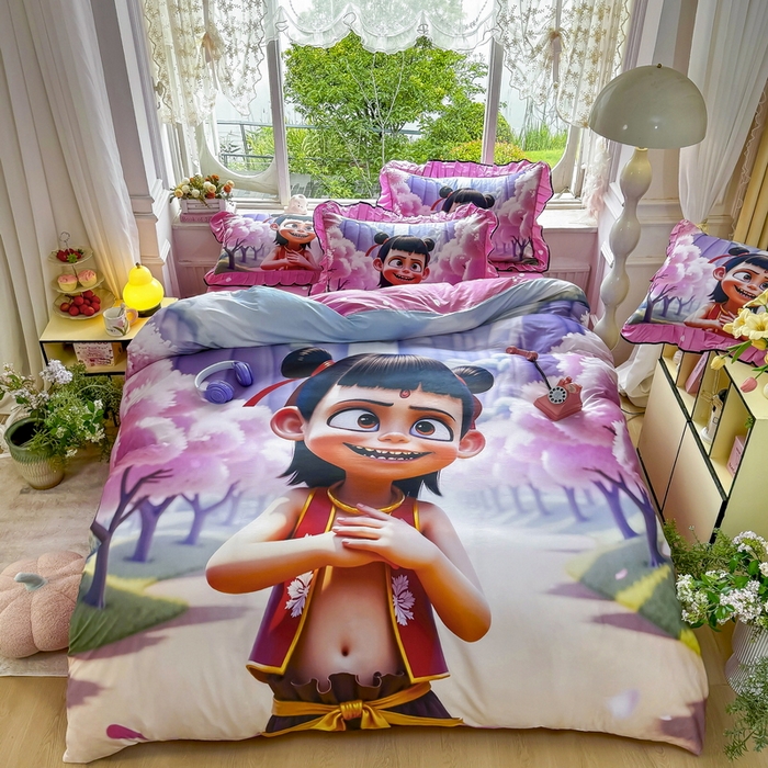 91家纺网 家纺一手货源 找家纺 馨语家居 2025新款A类全棉3D大版印花四件套 魔童哪吒