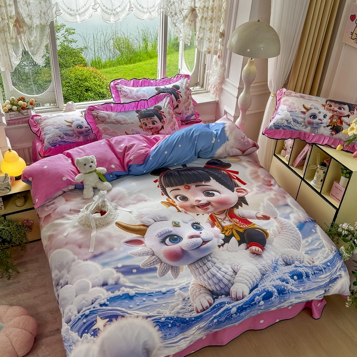 91家纺网 家纺一手货源 找家纺 馨语家居 2025新款A类全棉3D大版印花四件套 彩虹哪吒