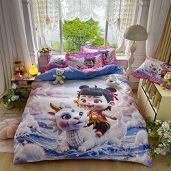 91家纺网 家纺一手货源 找家纺 馨语家居 2025新款A类全棉3D大版印花四件套 彩虹哪吒,彩虹哪吒
