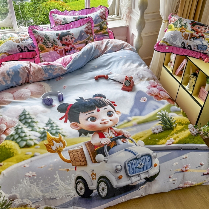 91家纺网 家纺一手货源 找家纺 馨语家居 2025新款A类全棉3D大版印花四件套 郊游哪吒