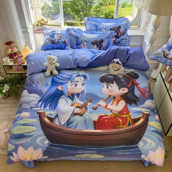 91家纺网 家纺一手货源 找家纺 馨语家居 2025新款A类全棉3D大版印花四件套 漂流哪吒