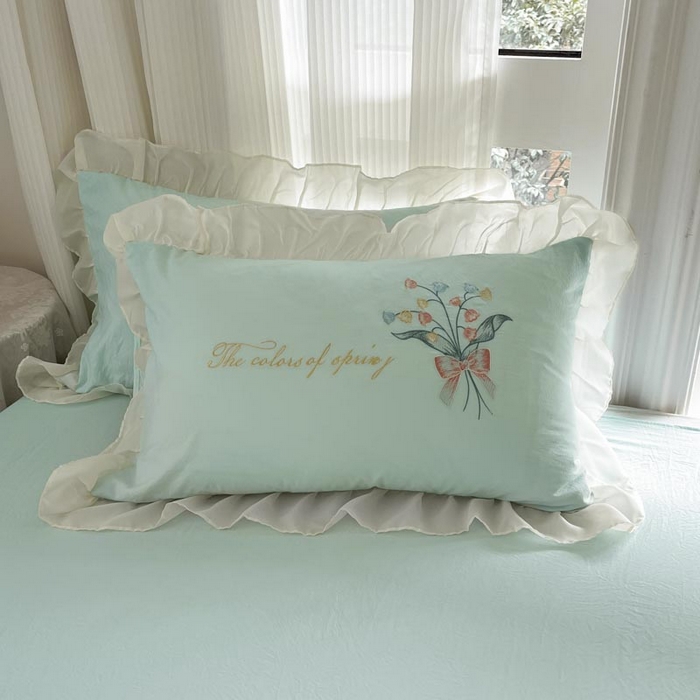 91家纺网 家纺一手货源 找家纺 ab家纺 2025新款水洗棉绣花四件套-铃兰语 铃兰语 水绿