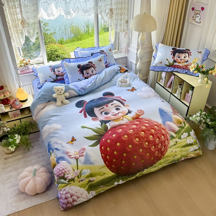 91家纺网 家纺一手货源 找家纺 馨语家居 2025新款A类全棉3D大版印花四件套 草莓哪吒