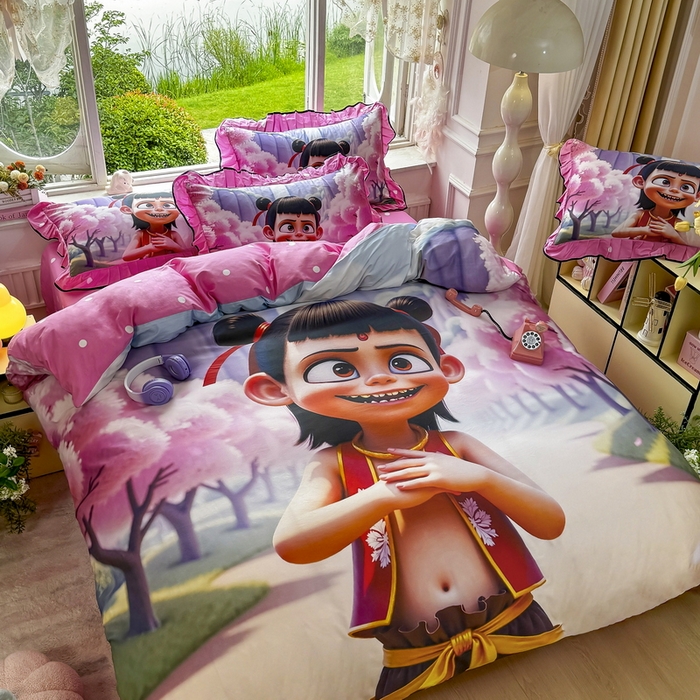 91家纺网 家纺一手货源 找家纺 馨语家居 2025新款A类全棉3D大版印花四件套 魔童哪吒