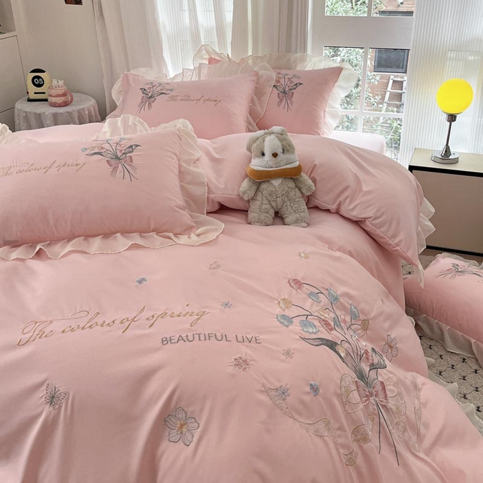 91家纺网 家纺一手货源 找家纺 ab家纺 2025新款水洗棉绣花四件套-铃兰语 铃兰语 微微粉