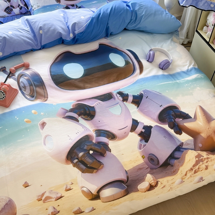 91家纺网 家纺一手货源 找家纺 馨语家居 2025新款A类全棉3D大版印花四件套 海洋机器人