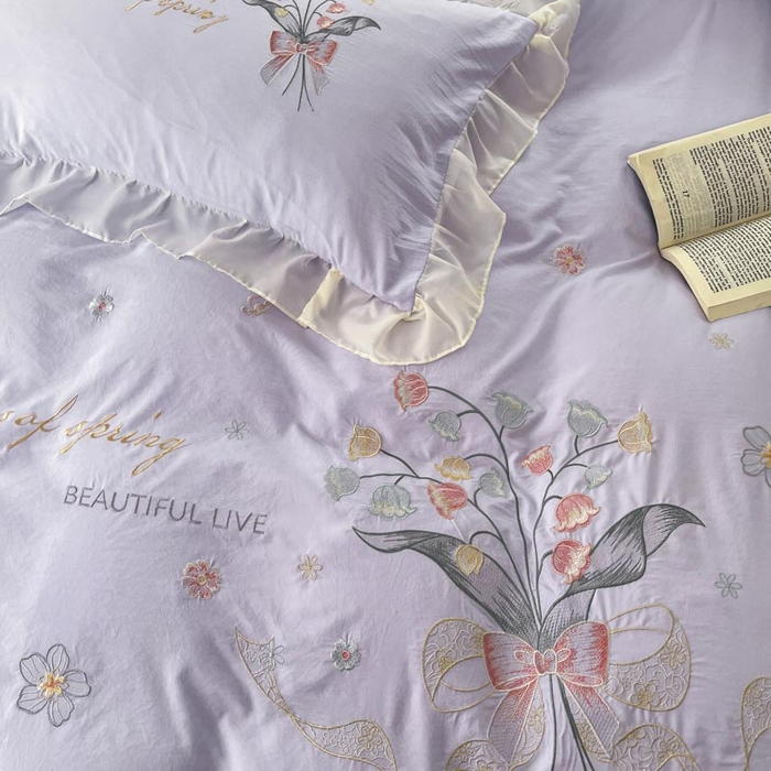 91家纺网 家纺一手货源 找家纺 ab家纺 2025新款水洗棉绣花四件套-铃兰语 铃兰语  香芋紫