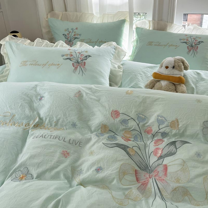 91家纺网 家纺一手货源 找家纺 ab家纺 2025新款水洗棉绣花四件套-铃兰语 铃兰语 水绿