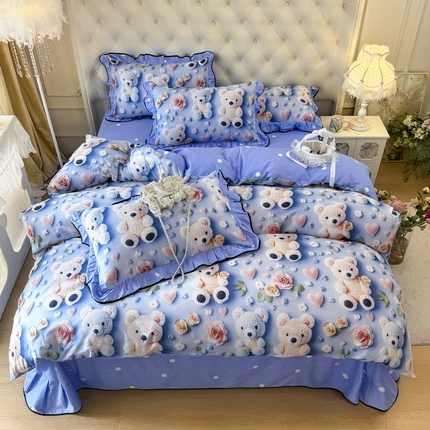 91家纺网 家纺一手货源 找家纺 馨语家居 2025新款A类全棉3D大版印花四件套 针织小熊