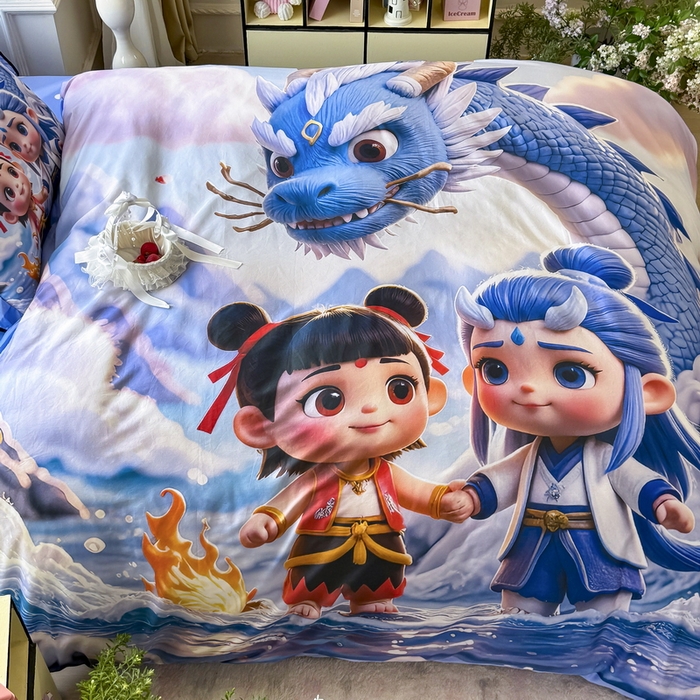 91家纺网 家纺一手货源 找家纺 馨语家居 2025新款A类全棉3D大版印花四件套 神龙哪吒