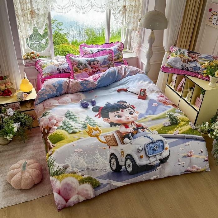 91家纺网 家纺一手货源 找家纺 馨语家居 2025新款A类全棉3D大版印花四件套 郊游哪吒