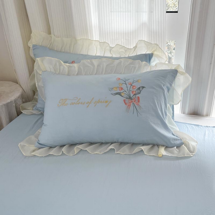 91家纺网 家纺一手货源 找家纺 ab家纺 2025新款水洗棉绣花四件套-铃兰语 铃兰语  天空蓝