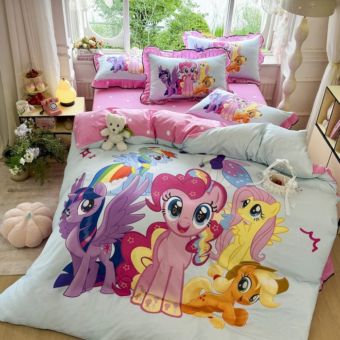 91家纺网 家纺一手货源 找家纺 馨语家居 2025新款A类全棉3D大版印花四件套 小马碧琪