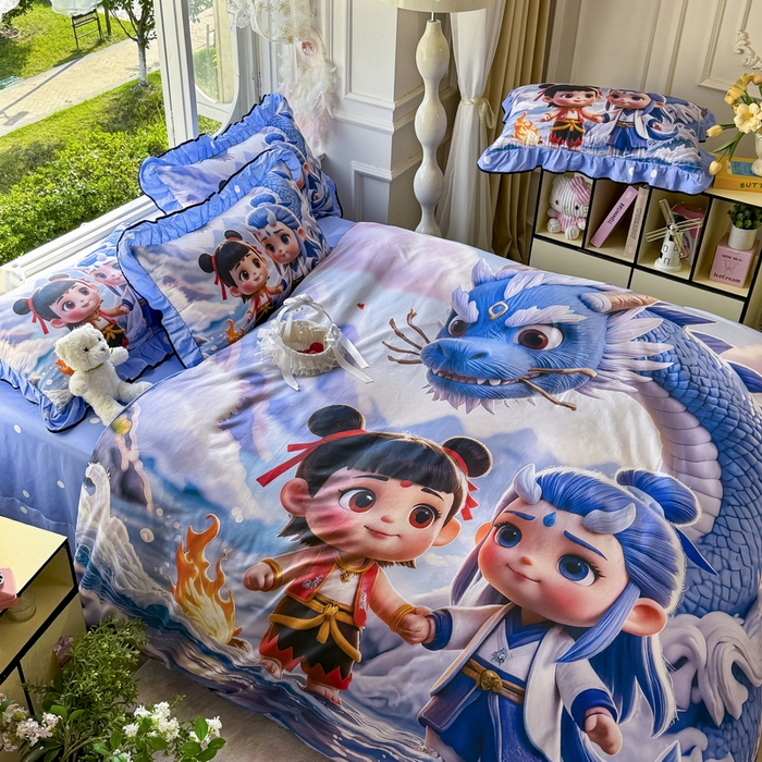 91家纺网 家纺一手货源 找家纺 馨语家居 2025新款A类全棉3D大版印花四件套 神龙哪吒