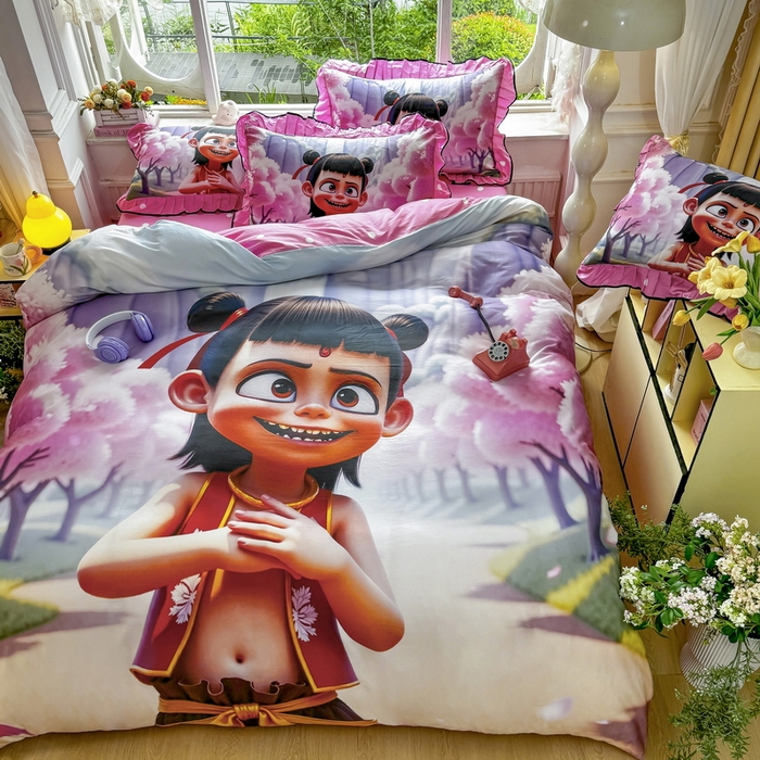 91家纺网 家纺一手货源 找家纺 馨语家居 2025新款A类全棉3D大版印花四件套 魔童哪吒