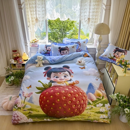 91家纺网 家纺一手货源 找家纺 馨语家居 2025新款A类全棉3D大版印花四件套 草莓哪吒