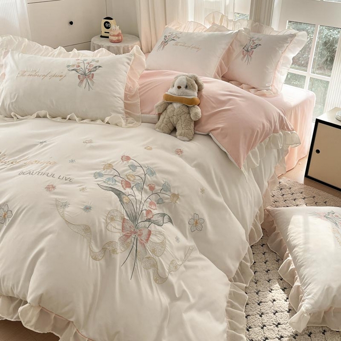 91家纺网 家纺一手货源 找家纺 ab家纺 2025新款水洗棉绣花四件套-铃兰语 铃兰语  白粉