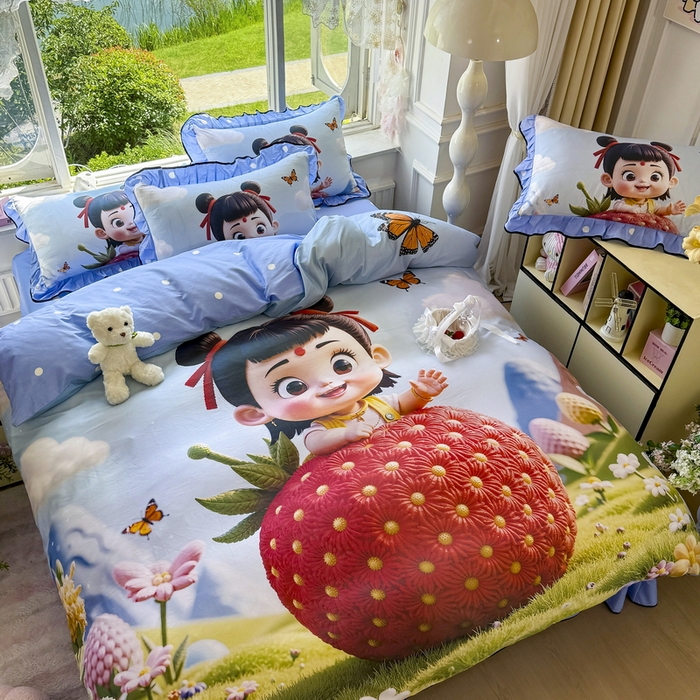 91家纺网 家纺一手货源 找家纺 馨语家居 2025新款A类全棉3D大版印花四件套 草莓哪吒