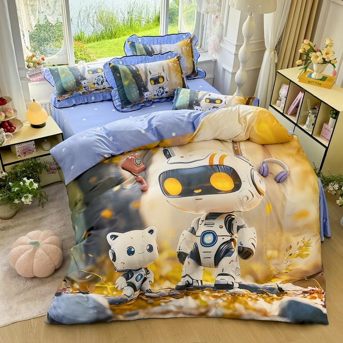 91家纺网 家纺一手货源 找家纺 馨语家居 2025新款A类全棉3D大版印花四件套 未来萌宠