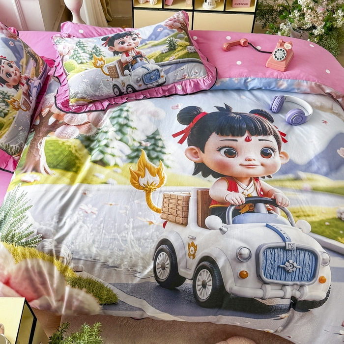 91家纺网 家纺一手货源 找家纺 馨语家居 2025新款A类全棉3D大版印花四件套 郊游哪吒