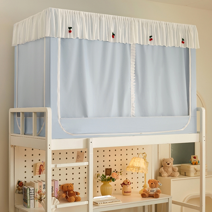 91家纺网 家纺一手货源 找家纺 青竹苑 2025花边款覆膜遮光学生蚊帐 小樱桃-蓝